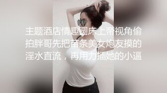 主题酒店情趣圆床上帝视角偷拍胖哥先把苗条美女炮友摸的淫水直流，再用力插她的小逼